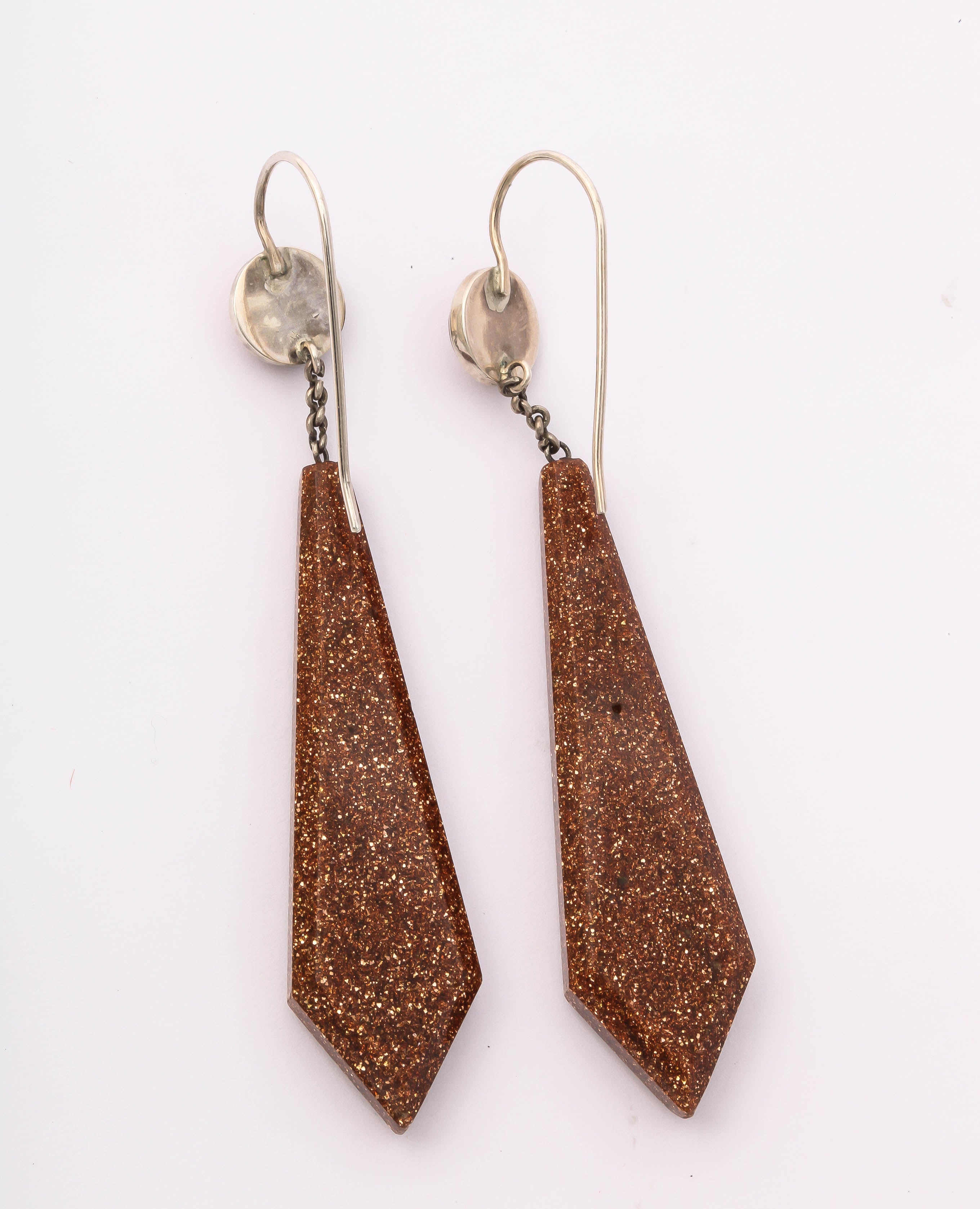 Late Victorian Sparkling Sterling Goldstone Pendant Earrings For Sale
