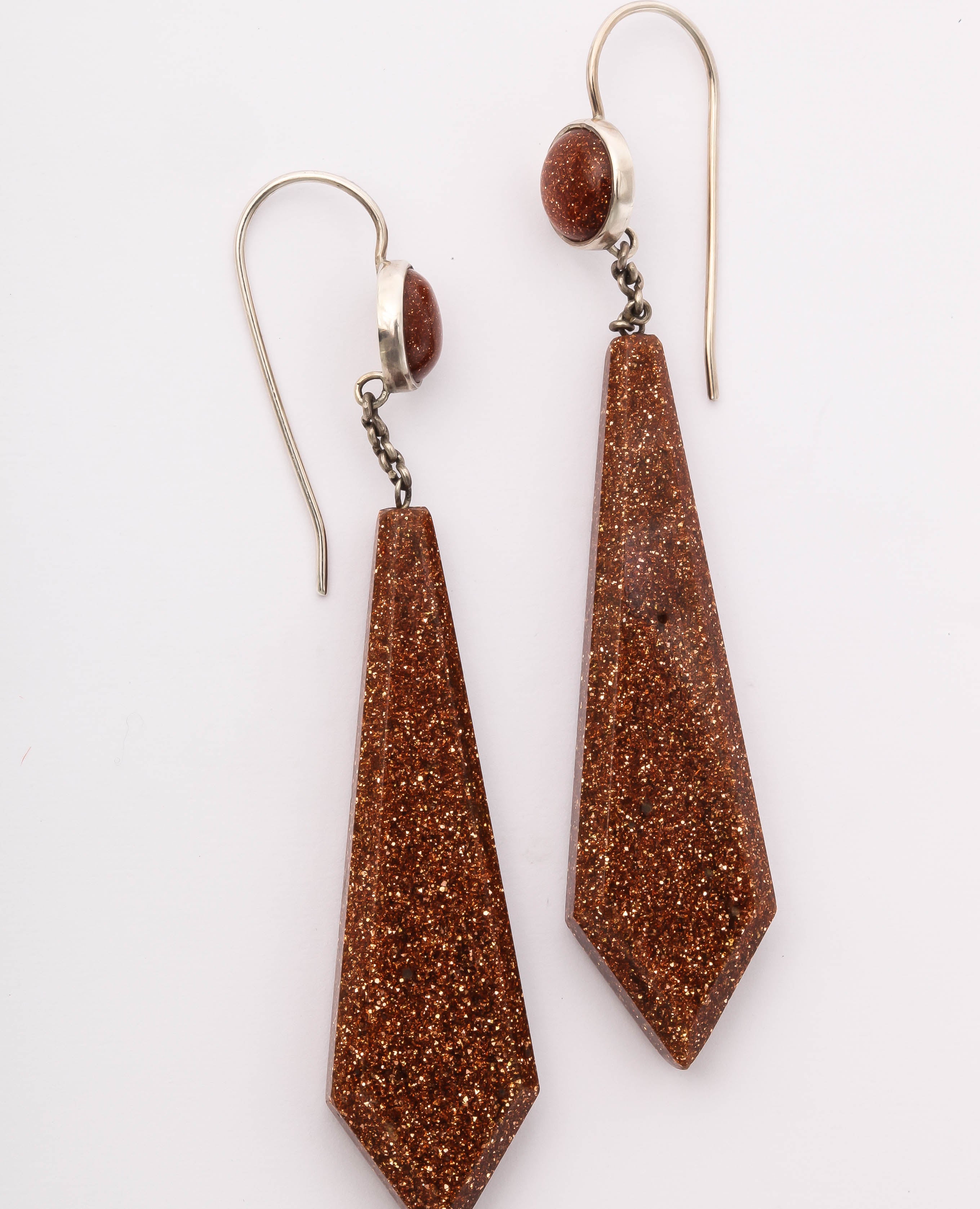 Sparkling Sterling Goldstone Pendant Earrings In Excellent Condition For Sale In Stamford, CT