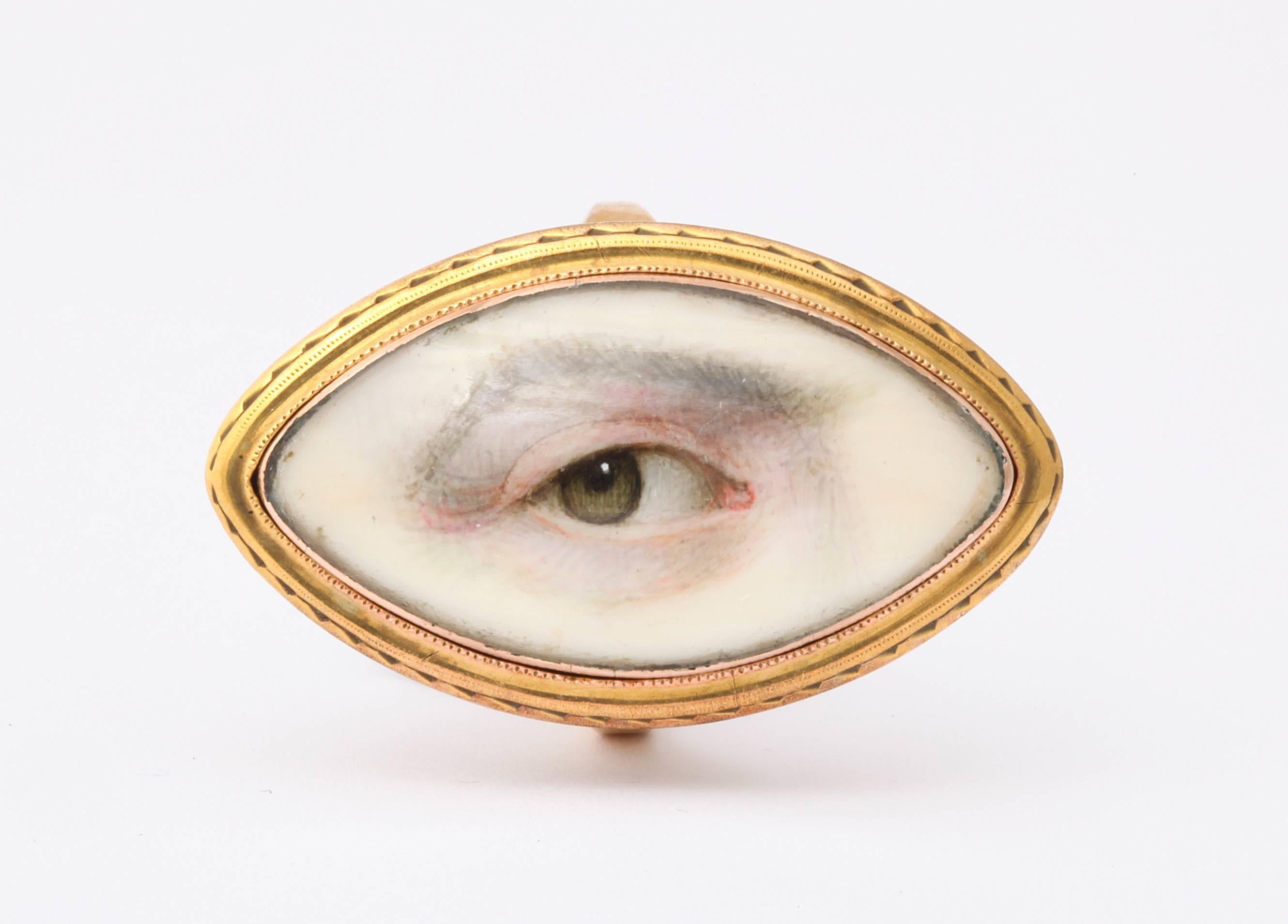 Like the Mona Lisa known to have eyes that follow you everywhere, this love gift of a 15kt gold Georgian Lover's ring sends thrills down your spine just as it must have done when given to the lover of the aristocratic gentleman who had his eye