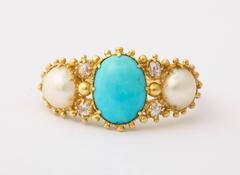 Turquoise, Natural Pearl, Diamond Lit Ring c. 1840-50