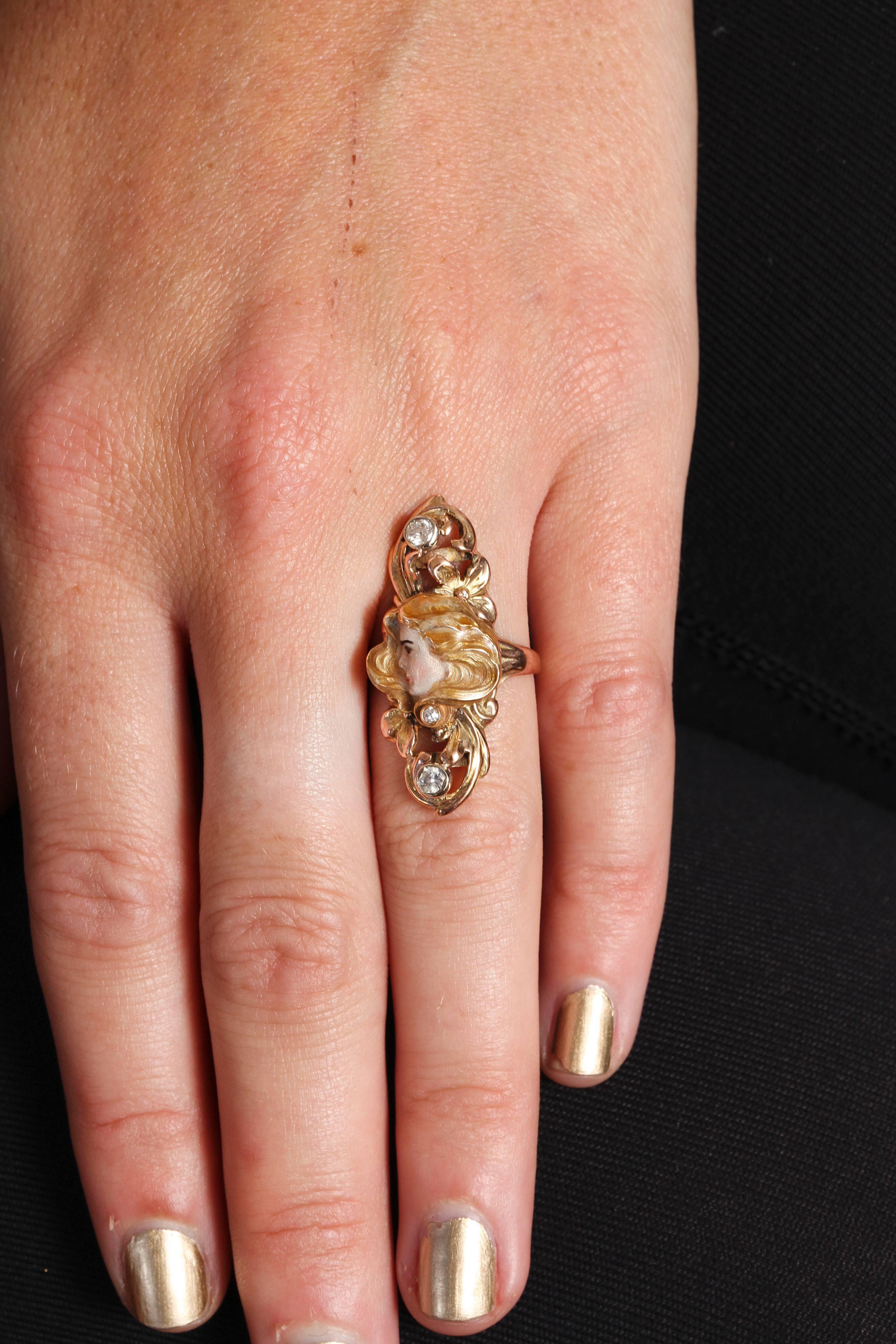 Sun Lit Profile of a Lady Art Nouveau Ring with Diamonds 2