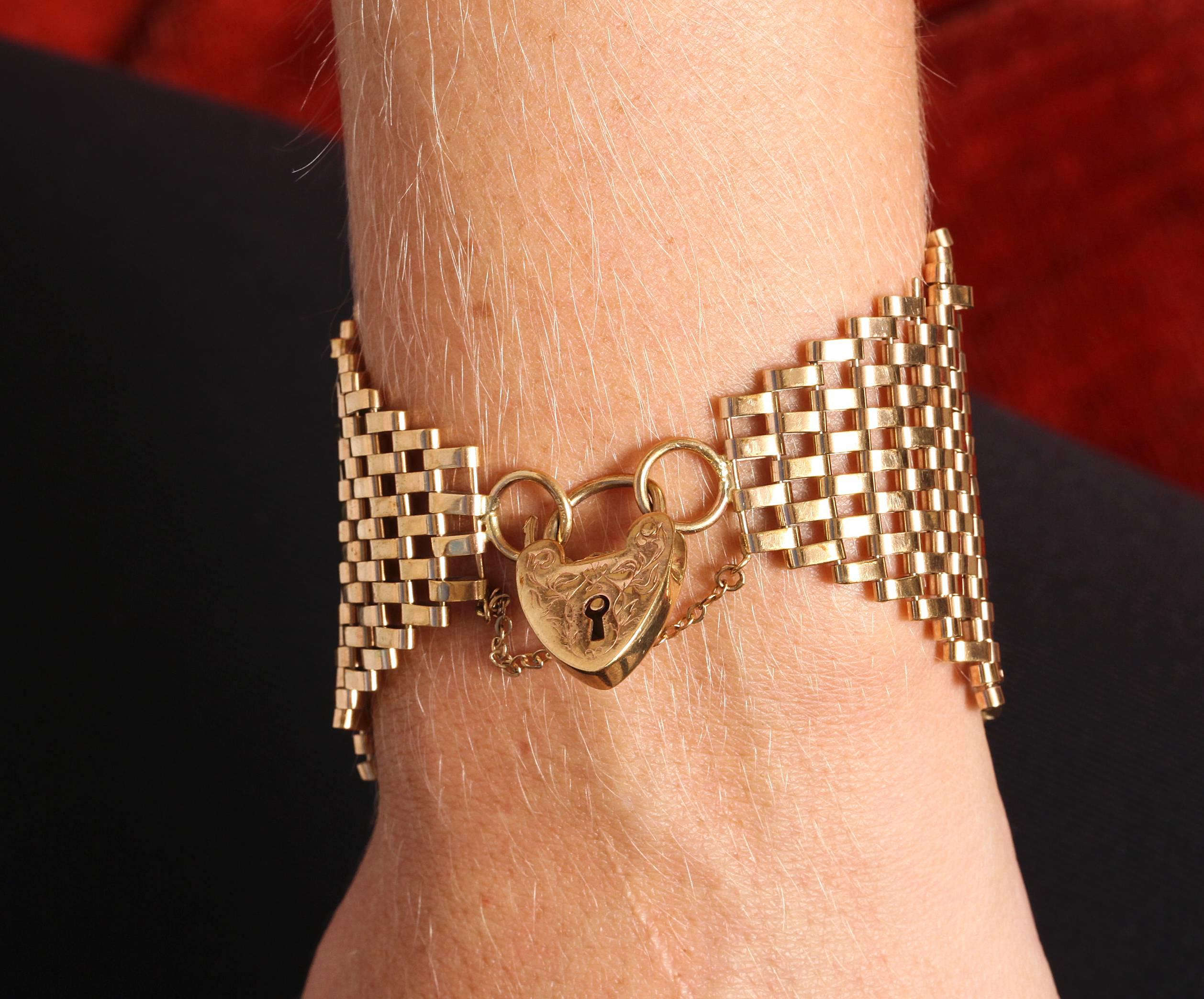 Women's Unusually Wide Edwardian Gate Bracelet with Heart Padlock For Sale
