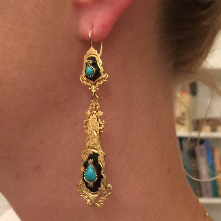 Romantic French Enamel Turquoise Diamond Chandelier Earrings For Sale