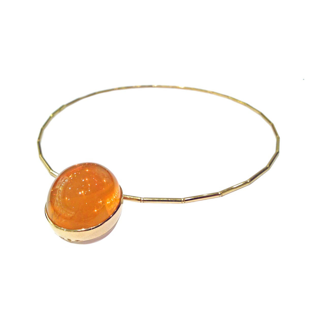 One-of-a-Kind Bowl Pendant handcrafted in 18k gold with a 50.03 carat oval cabochon-cut fire opal. Fire opal has truly phenomenal optical qualities, as it glows in any light setting. Natural and cut in Germany, the fire opal displays a long hairline