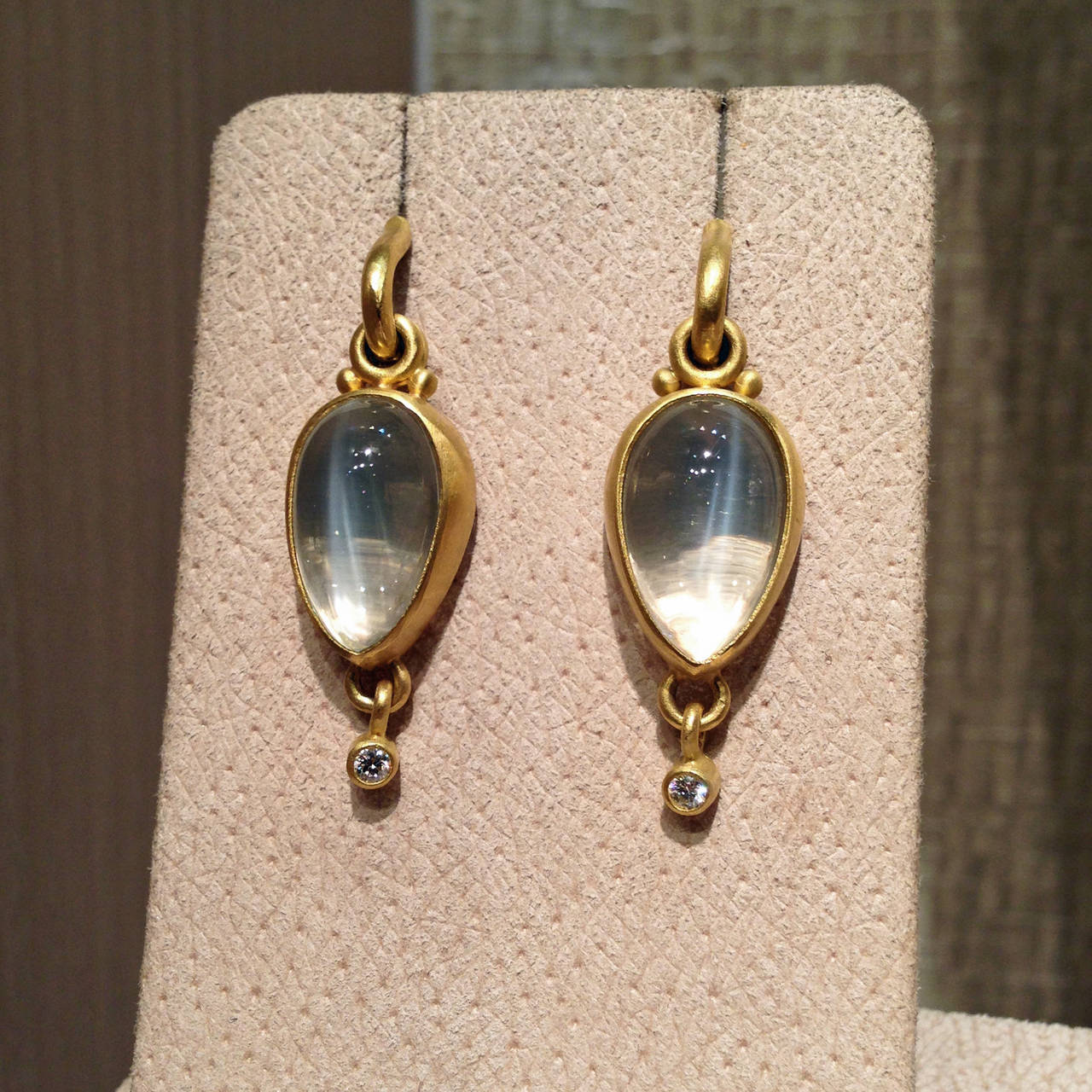 Modern Denise Betesh Moonstone Diamond Gold Bubble Drop Earrings