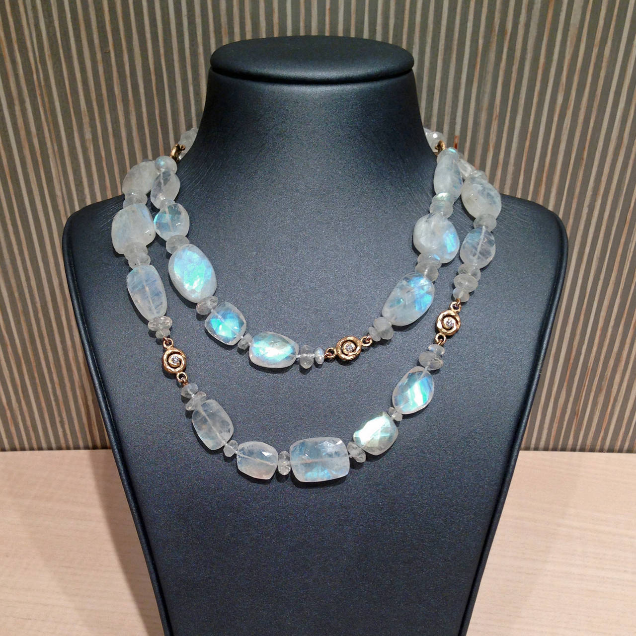 Pamela Froman Long Moonstone Diamond Gold Scrolls Necklace at 1stDibs