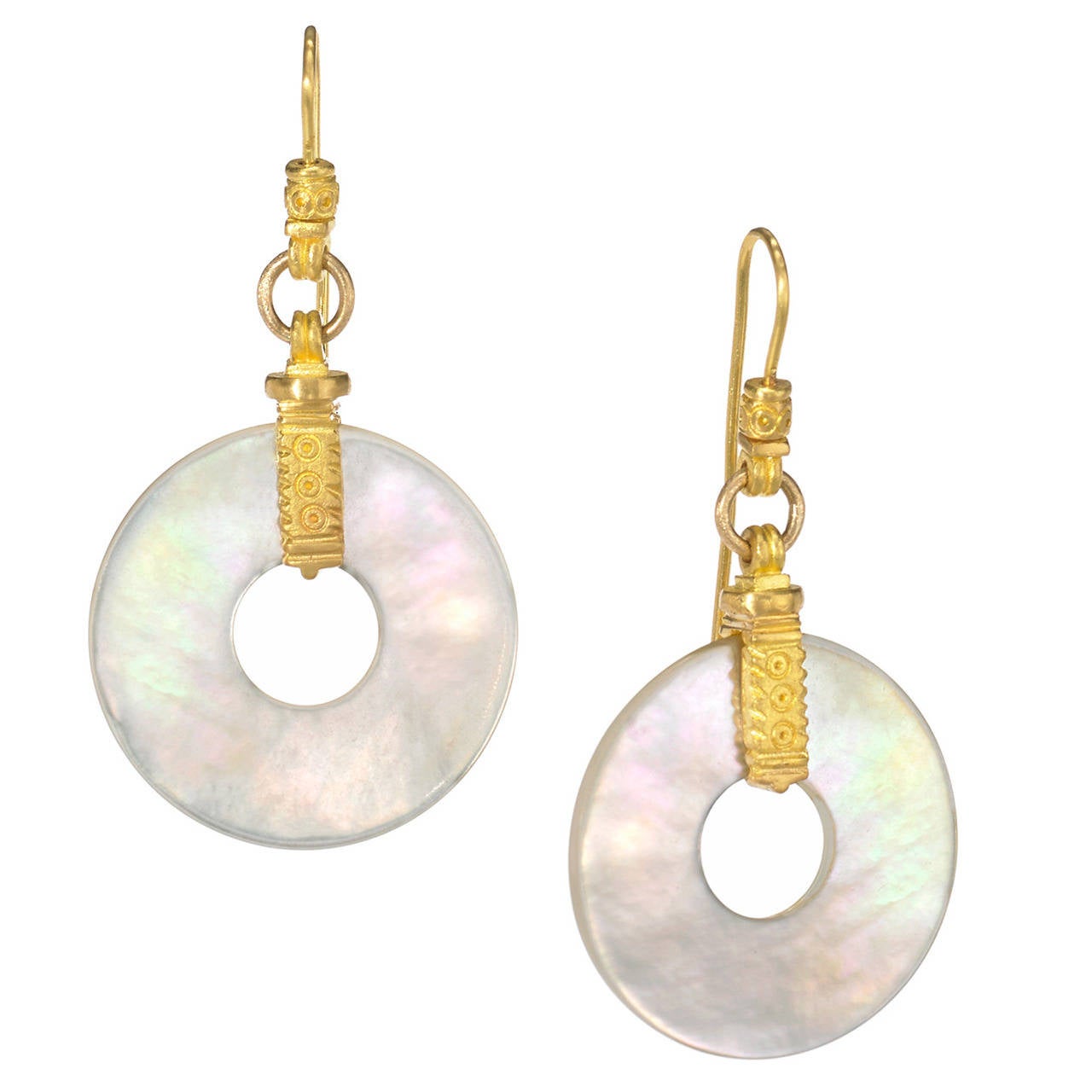 150 Year Old Southern Sichuan Mother of Pearl Disc Gold Drop Earrings