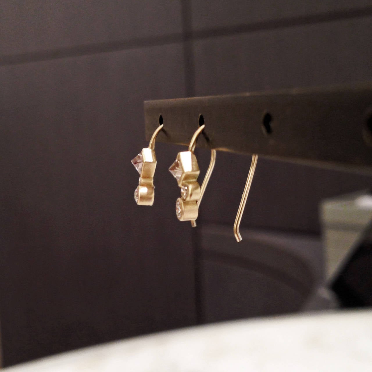 Artist Rebecca Overmann Inverted Cognac Diamond Round White Diamond Gold Earrings