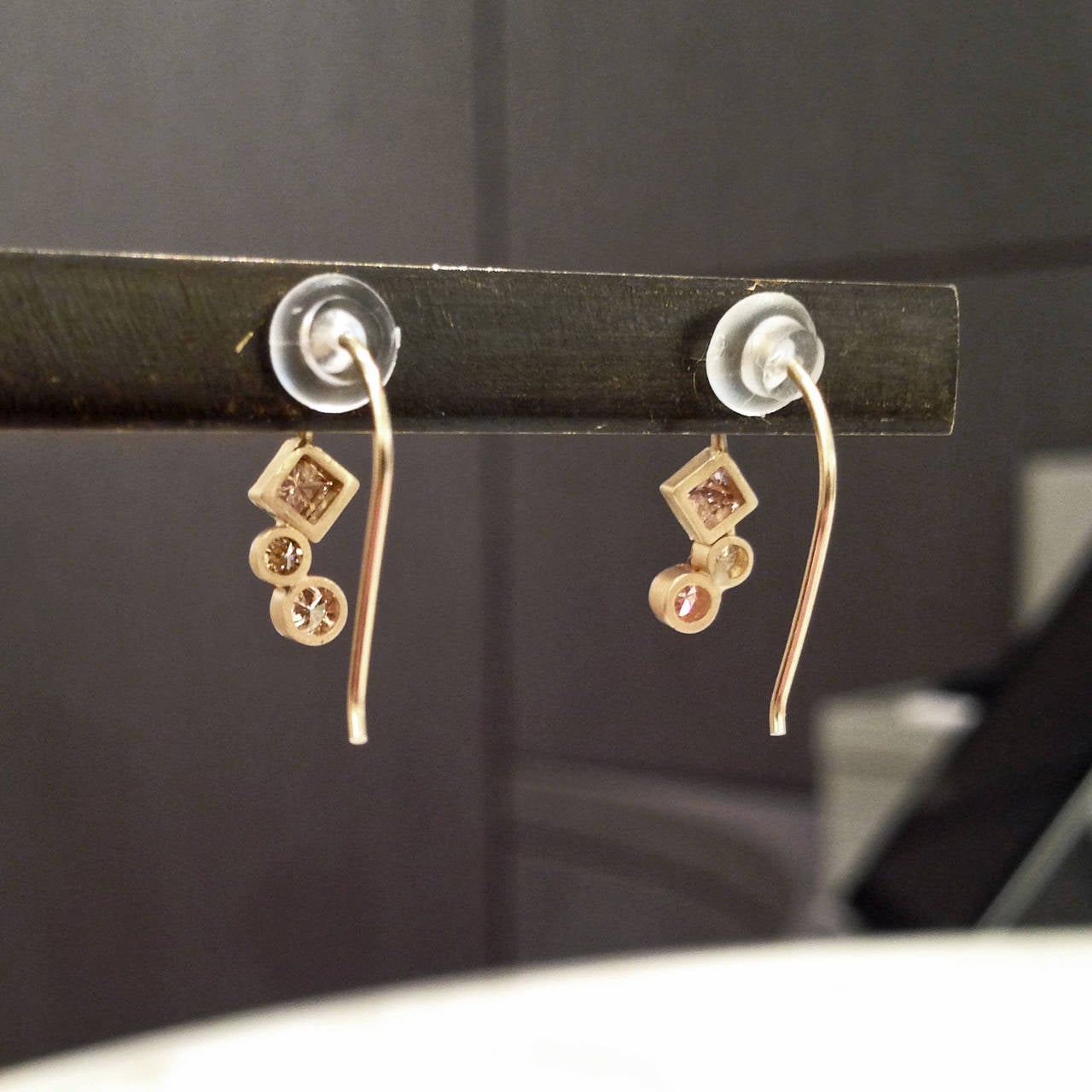 Rebecca Overmann Inverted Cognac Diamond Round White Diamond Gold Earrings In New Condition In Dallas, TX