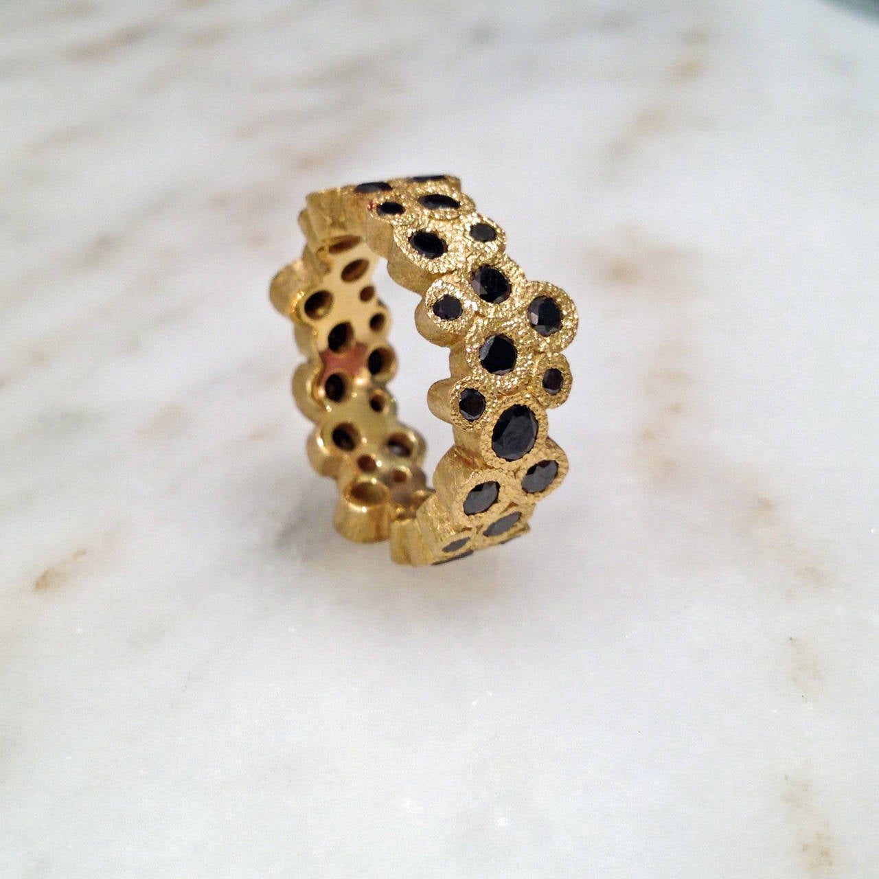 One-of-a-Kind Double Bubble Ring handcrafted in 22k yellow gold with 3.15 total carats of brilliant-cut black diamonds. Size 6.75.