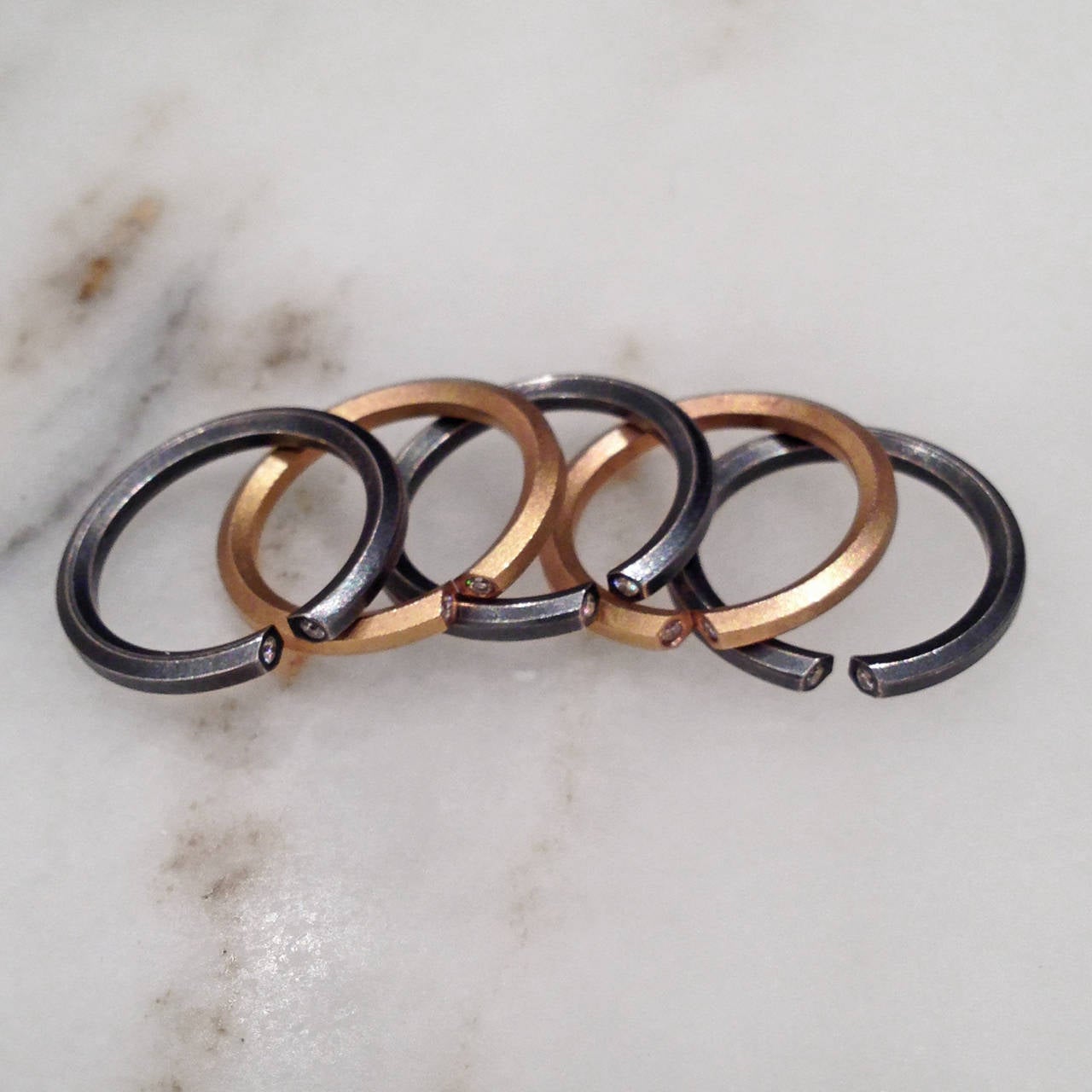 Diamond Oxidized Silver Rose Gold Hex Stacking Rings