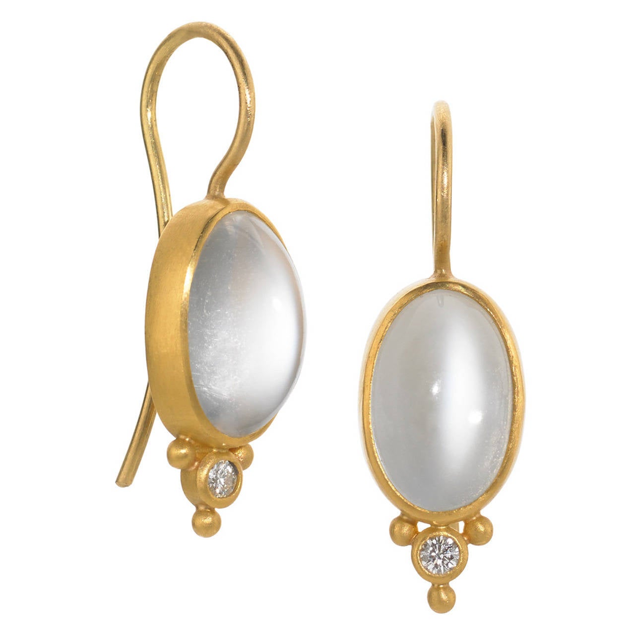 One-of-a-Kind Earrings handcrafted in matte 22k yellow gold with two platinum moonstone cabochons weighing a total of 6.14 carats, and accented with two round brilliant-cut white diamonds weighing 0.06 total carats. Beautiful granular work accents