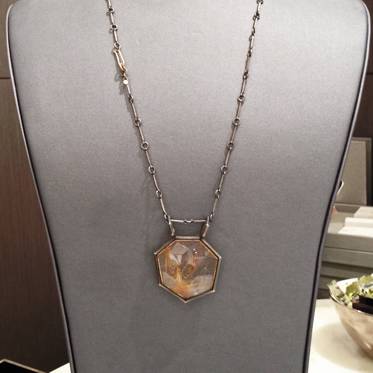 Modern Geoffrey Good Faceted Rutilated Quartz Graphite Silver Gold Necklace