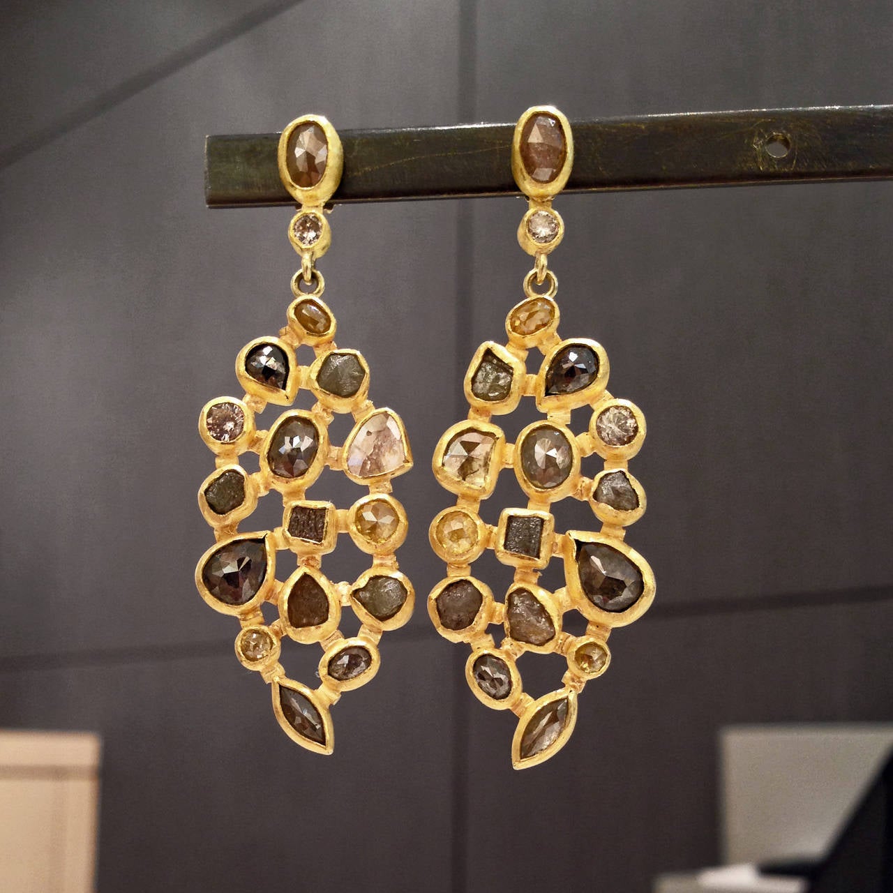 One-of-a-Kind Diamond Mosaic Earrings handcrafted in 22k yellow gold with 14.20 total carats of natural, faceted, and brilliant-cut diamonds. 18k yellow gold posts and jump rings.