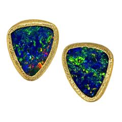 Devta Doolan Reflective Fiery Blue Opal Doublet Handmade Gold Stud Earrings