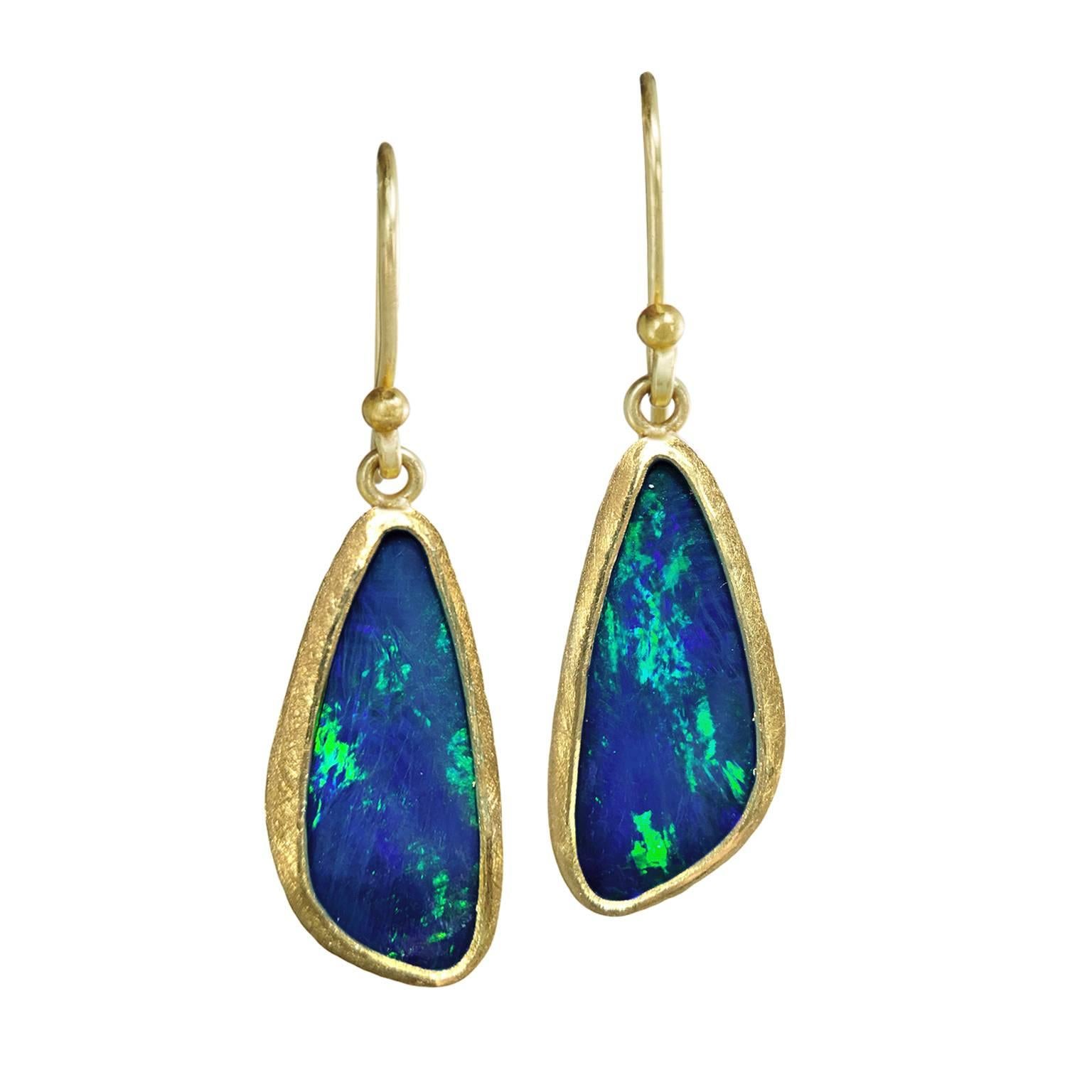 Petra Class Blue Green Australian Opal Gold Doublet Handmade Dangle Drop Earring