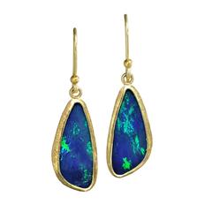 Petra Class Blue Green Australian Opal Gold Doublet Handmade Dangle Drop Earring