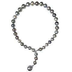 Russell Trusso Silver Gray Tahitian Pearl Diamond Gold Clasp Lariat Necklace