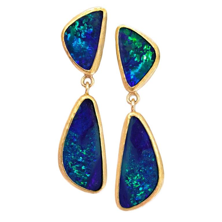 Petra Class Blue Green Australian Opal Doublet Matte Gold Handmade Drop