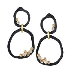 Double Circle White and Cognac Diamond Gold Dangle Drop Earrings 11