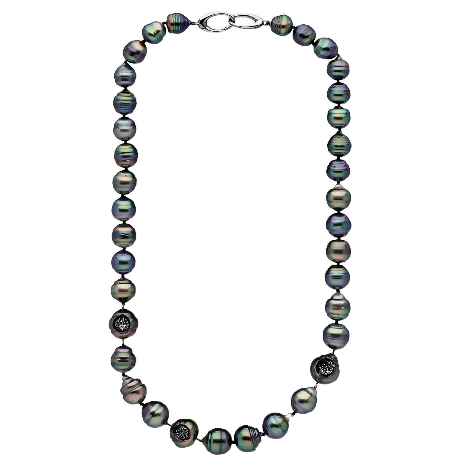 Black Diamond Embedded Baroque Tahitian Pearl Rhodium Gold 18" Necklace