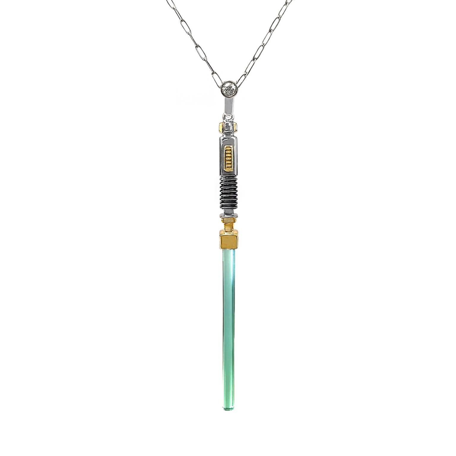 Rare Blue Green Tourmaline Crystal Diamond Gold Handmade LightSaber Necklace
