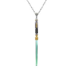 Seltene blau-grüne Turmalin-Kristall-Diamant-Gold-Halskette, handgefertigt