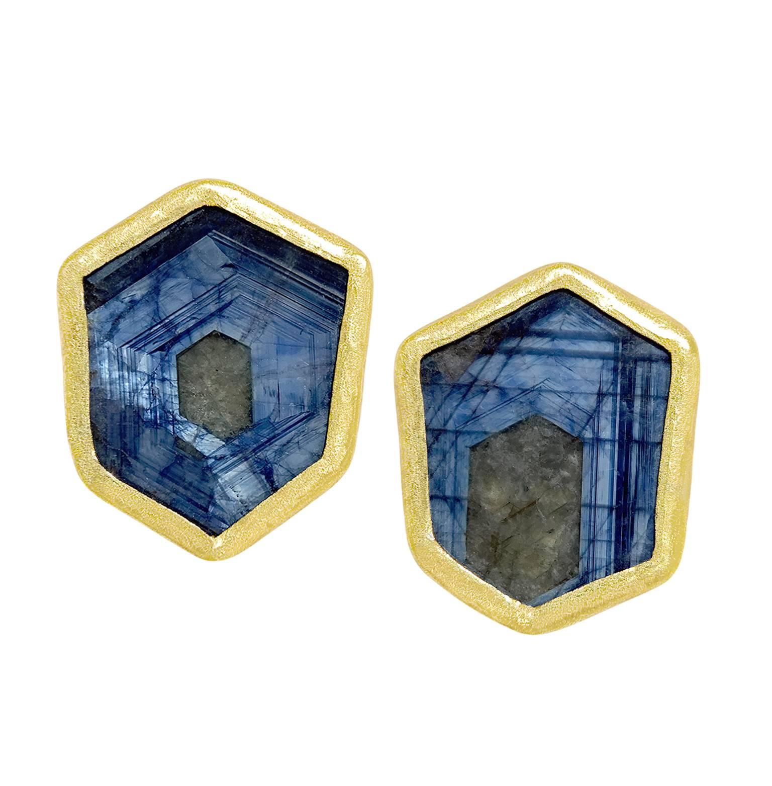 Petra Class One of a Kind Blue Sapphire Gold Hexagonal Stud Earrings