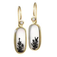 One of a Kind Translucent White and Black Dendrite Agate Diamond Dangle Earrings