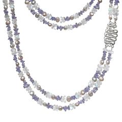 Tanzanite Blue Moonstone Bead Pink Tone Silver Pearl Long Double Strand Necklace 5