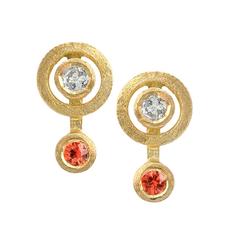 White Diamond Orange Sapphire Satin Gold Handmade Stud Earrings