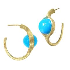 Joseph Murray Spinning Blue Turquoise Sphere Satin Gold Handmade Hoop Earrings