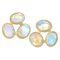 One of a Kind Petra Class Faceted Rainbow Moonstone Gold Triple Stud Earrings One of a Kind Petra Class Faceted Rainbow Moonstone Gold Triple Stud Earrings