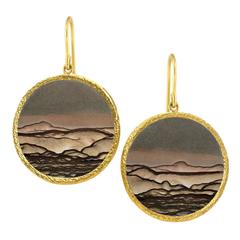 Devta Doolan Natural Matched Picture Jasper Gold Coin Dangle Drop Earrings