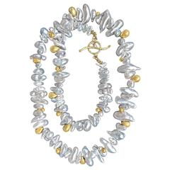 Barbara Heinrich One of a Kind Silver Keshi Pearl Gold Drops Handmade Necklace