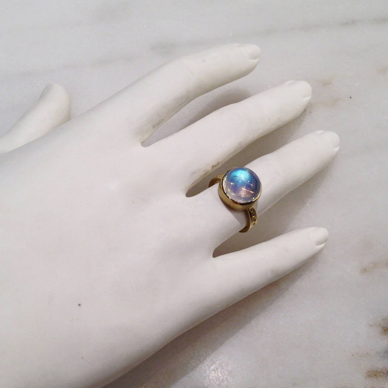 Robin Waynee Blue Moonstone White Diamond Gold Button Ring In New Condition In Dallas, TX