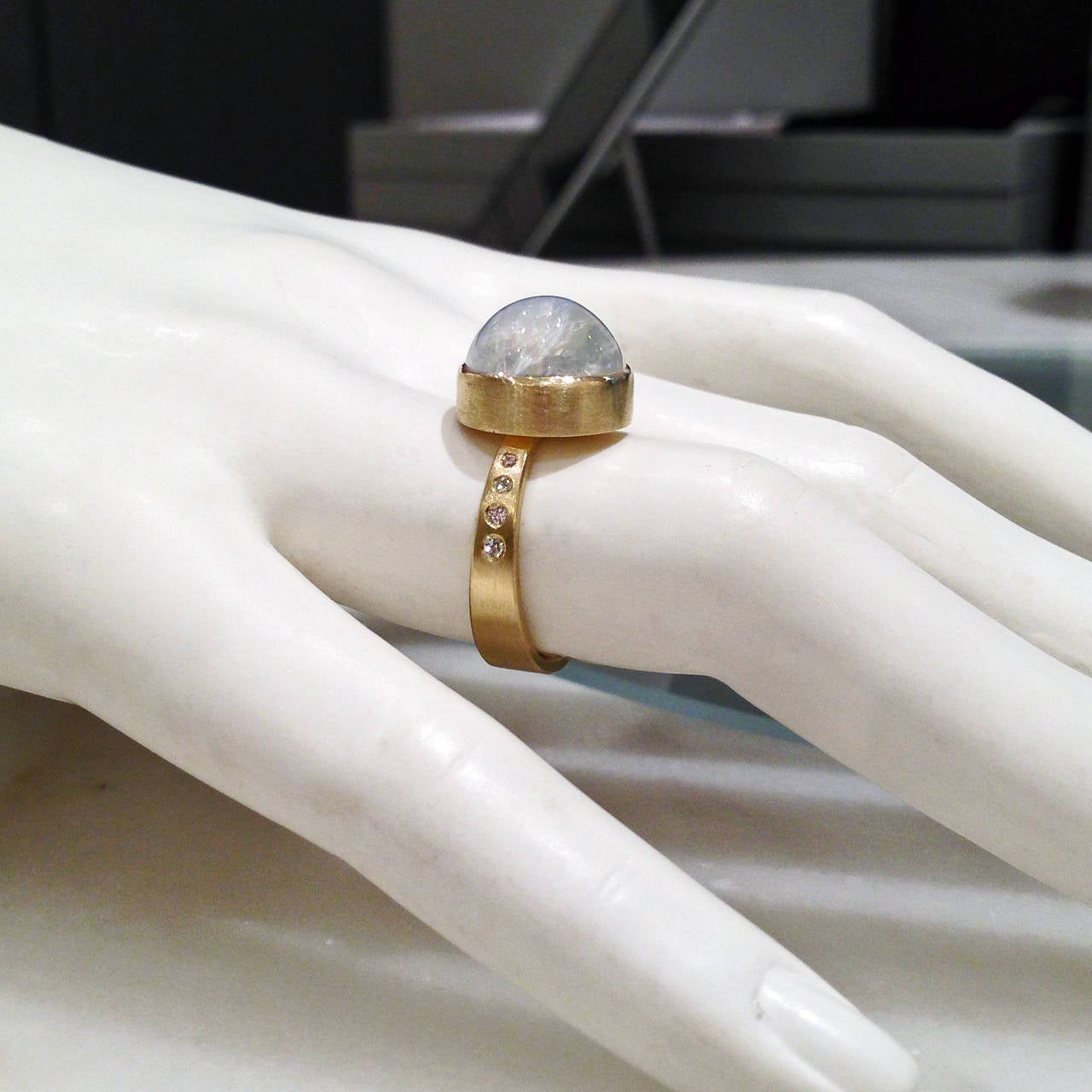 Women's Robin Waynee Blue Moonstone White Diamond Gold Button Ring