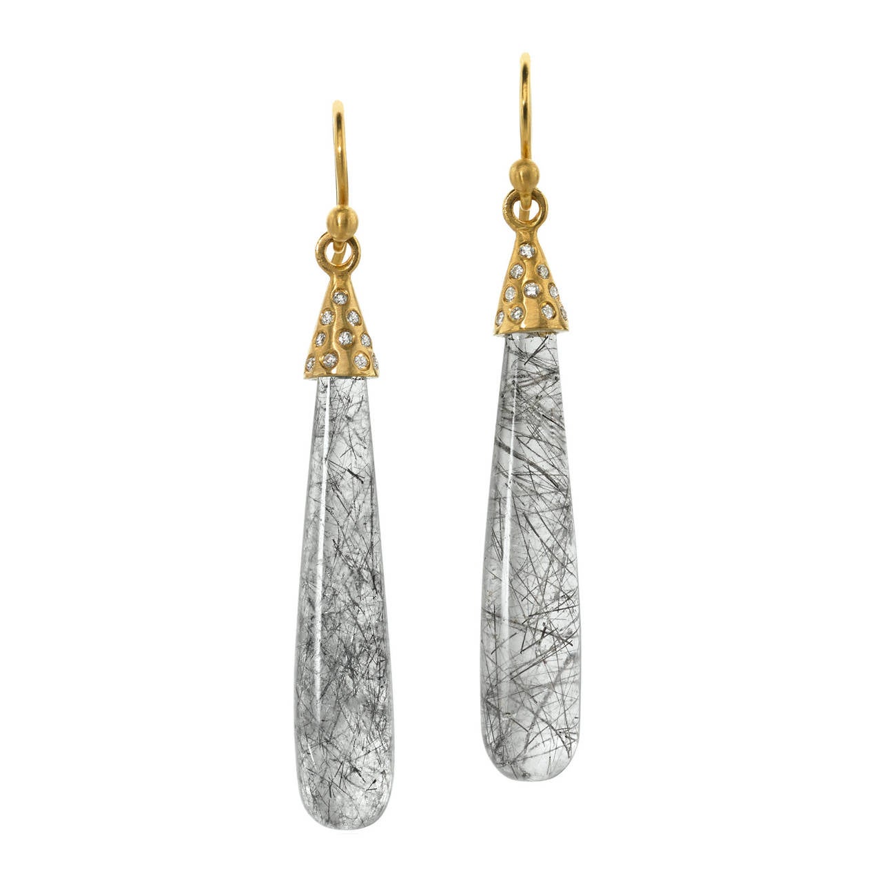 One-of-a-Kind Smooth Drop Earrings In 22k yellow gold and diamonds with tourmalinated quartz.