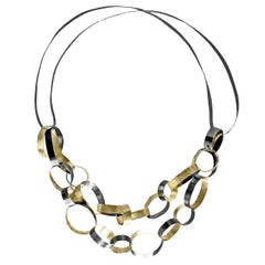 Yellow Gold Oxidized Silver Linked Rings Hidden Clasp Necklace, Reiko Ishiyama