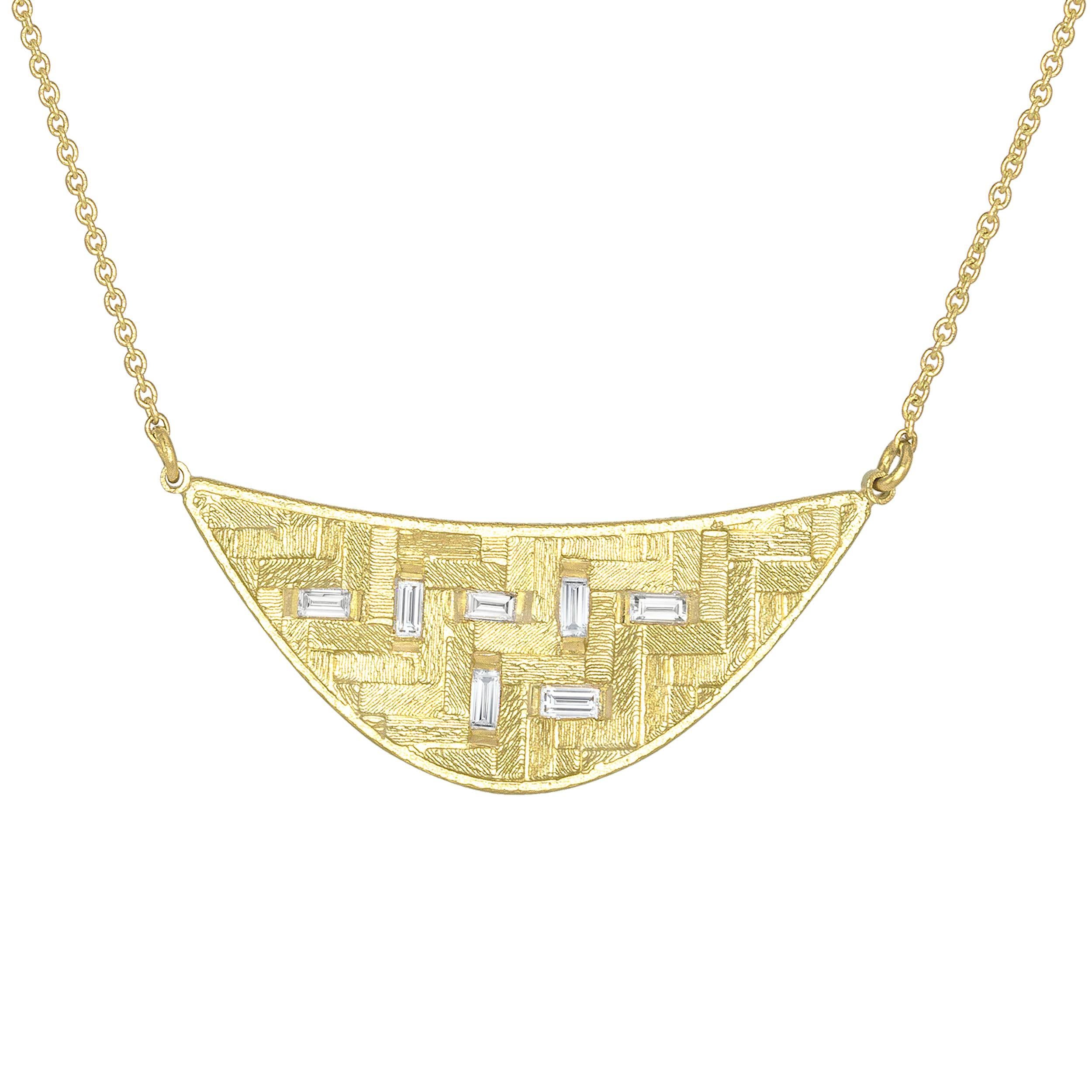 White Diamond Baguette Crescent Parquet Yellow Gold Necklace