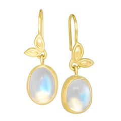 Monica Marcella Rainbow Moonstone Double Leaf Gold Dangle Drop Earrings 6