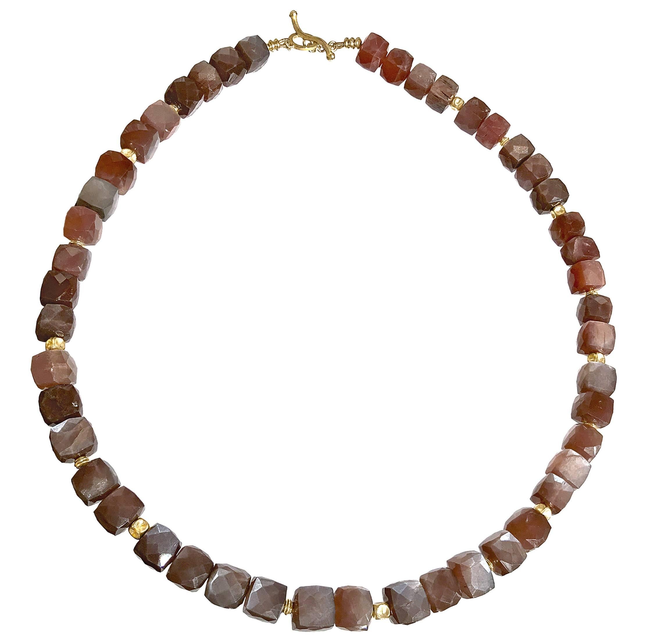 Barbara Heinrich Faceted Glowing Burgundy Moonstone Cube Gold Spacer Necklace