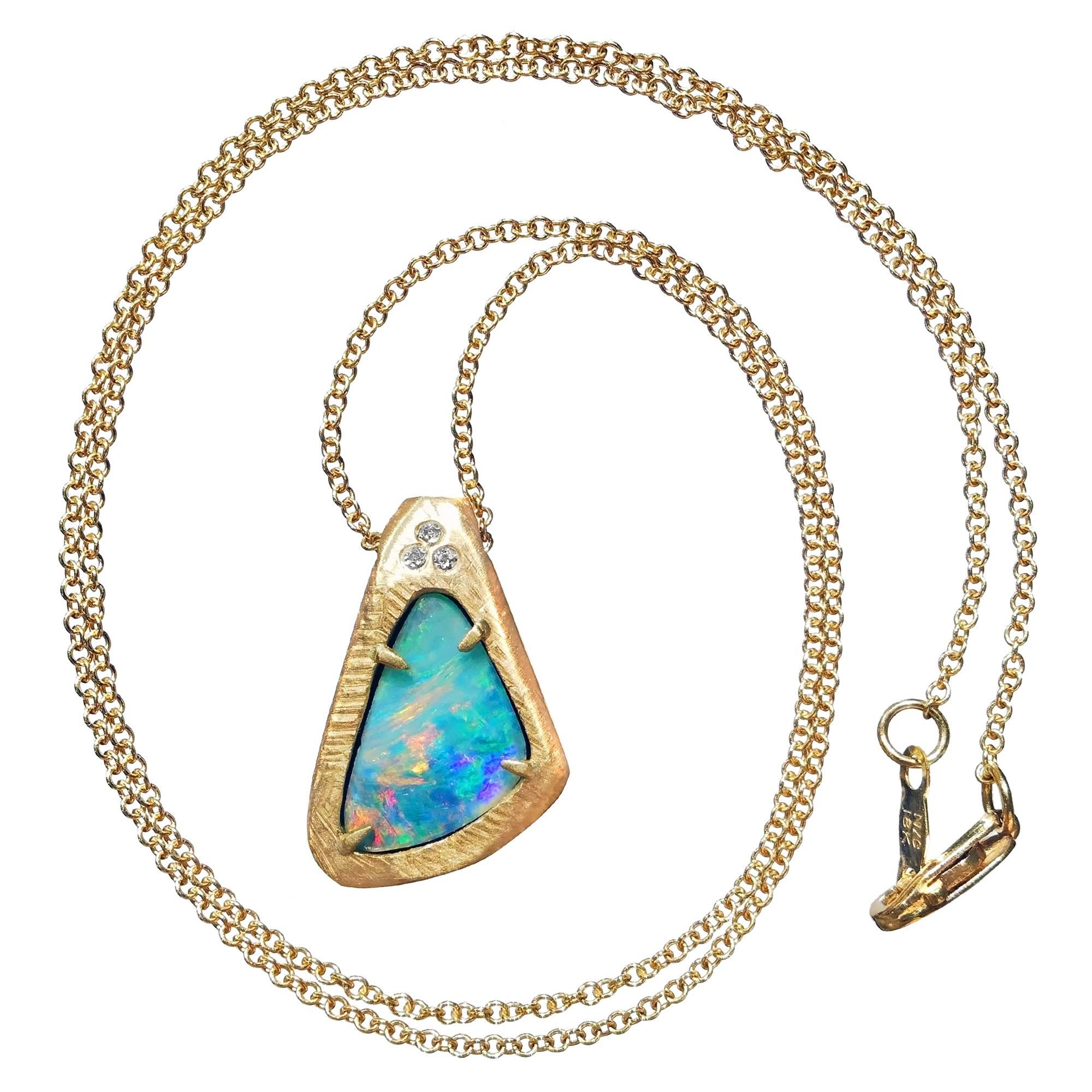 One of a Kind Boulder Opal White Diamond Gold Pendant Necklace