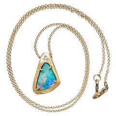 One of a Kind Boulder Opal White Diamond Gold Pendant Necklace