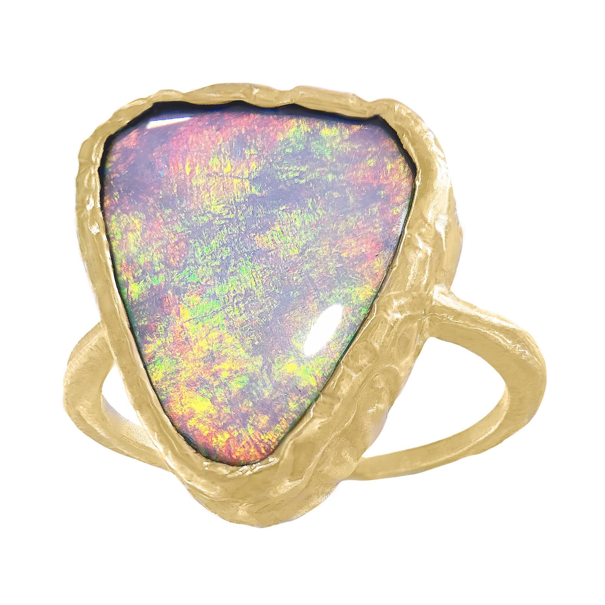 One of a Kind Red Flash Natural Boulder Opal Gold Handmade Ring
