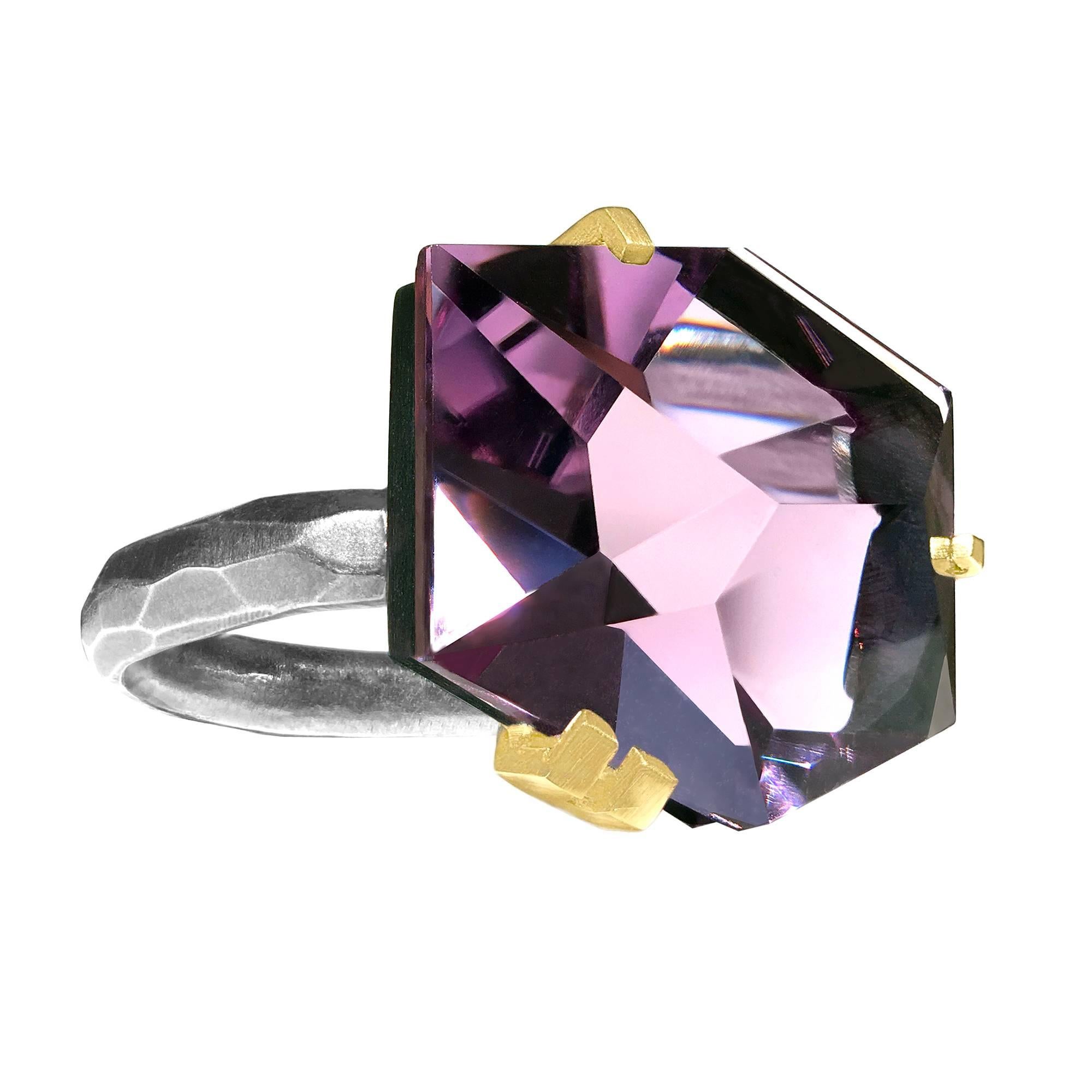 Elizabeth Garvin Custom Cut Amethyst Gold Oxidized Silver Ring