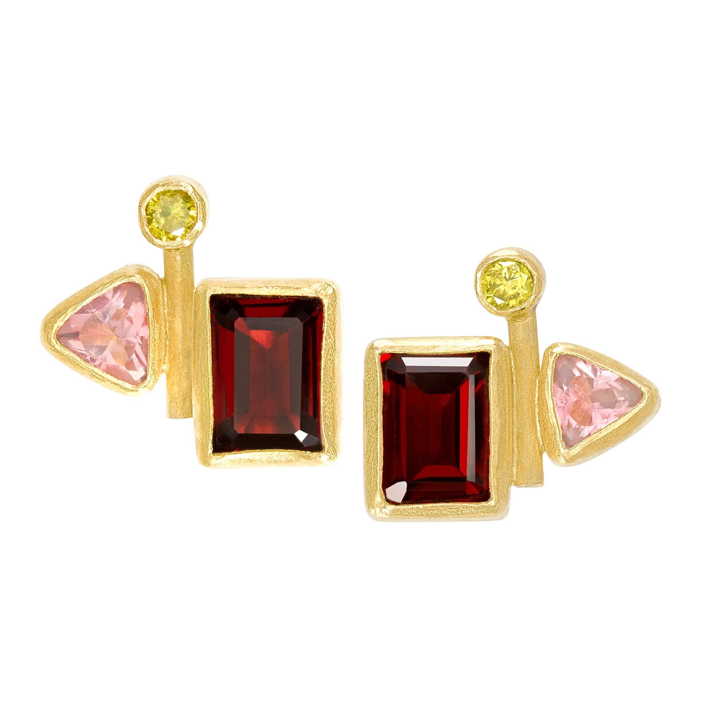 Petra Class One of a Kind Canary Diamond Pink Tourmaline Garnet Stud Earrings