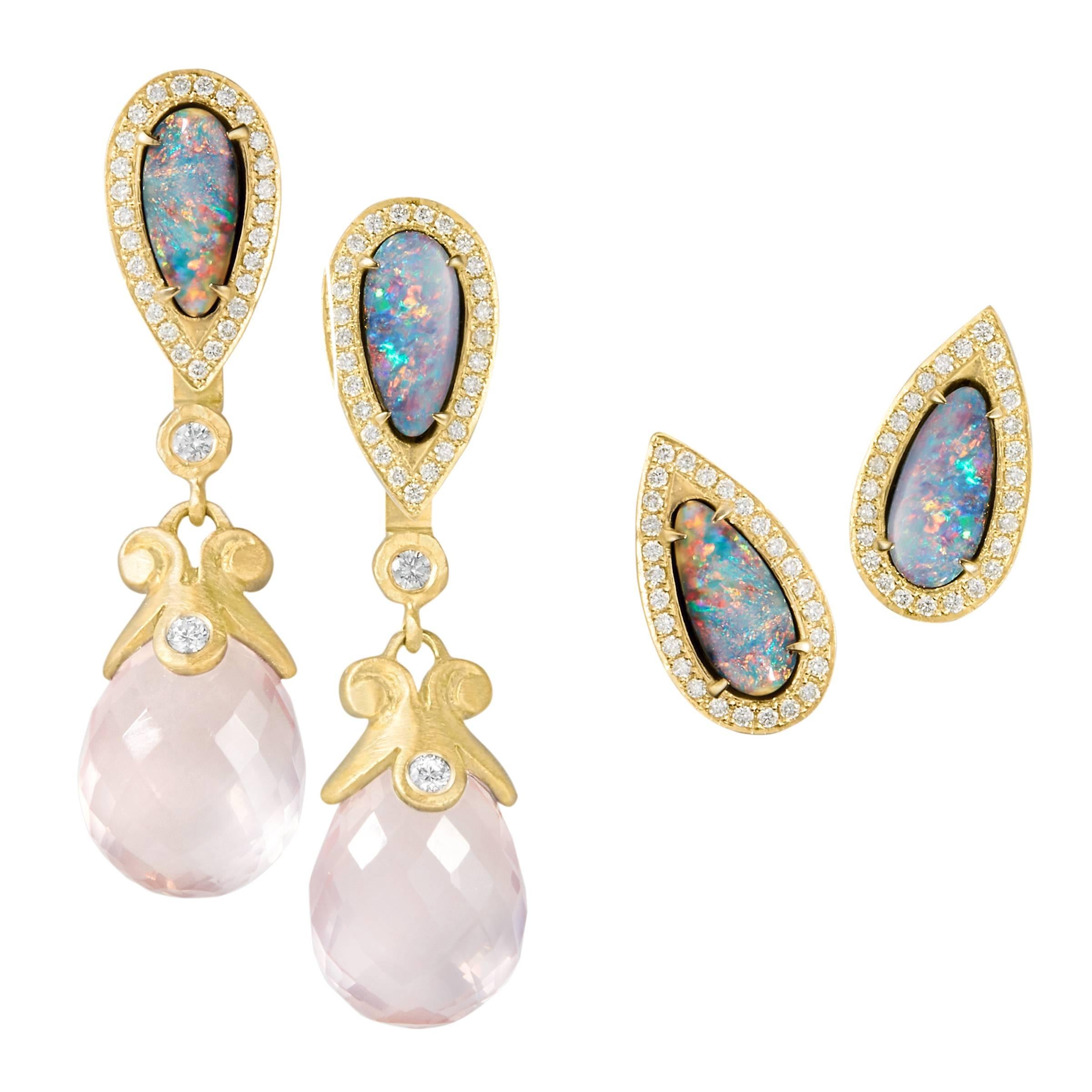 Pamela Froman Boulder Opal White Diamond Detachable Rose Quartz Drop Earrings