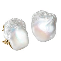 Russell Trusso White Diamond Embedded South Sea Baroque Pearl Gold Earrings
