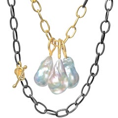 Stephanie Albertson Vivid Baroque Pearl Long Oxidized Silver Gold Links Necklace